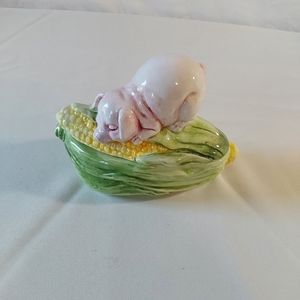 Carraro Italian Pottery Pig Sitting on top of Corn Eating Canister Dish